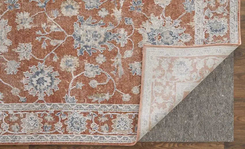 Red Blue and Ivory Floral Power Loom Worn Faded Area Rug With Fringe Photo 7