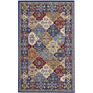 Photo of Red Blue and Light Brown Ogee Distressed Non Skid Area Rug