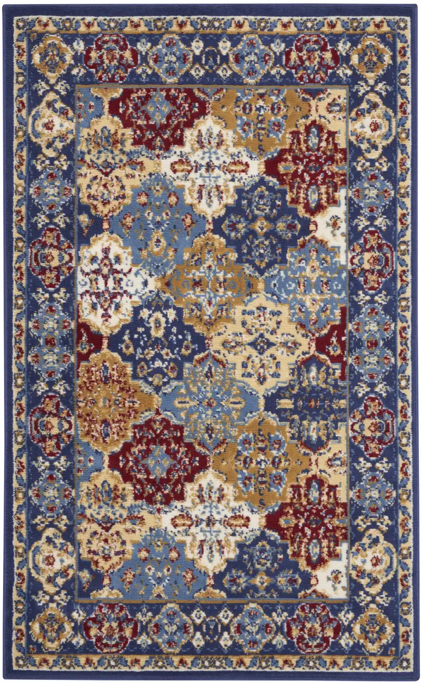Red Blue and Light Brown Ogee Distressed Non Skid Area Rug Photo 2