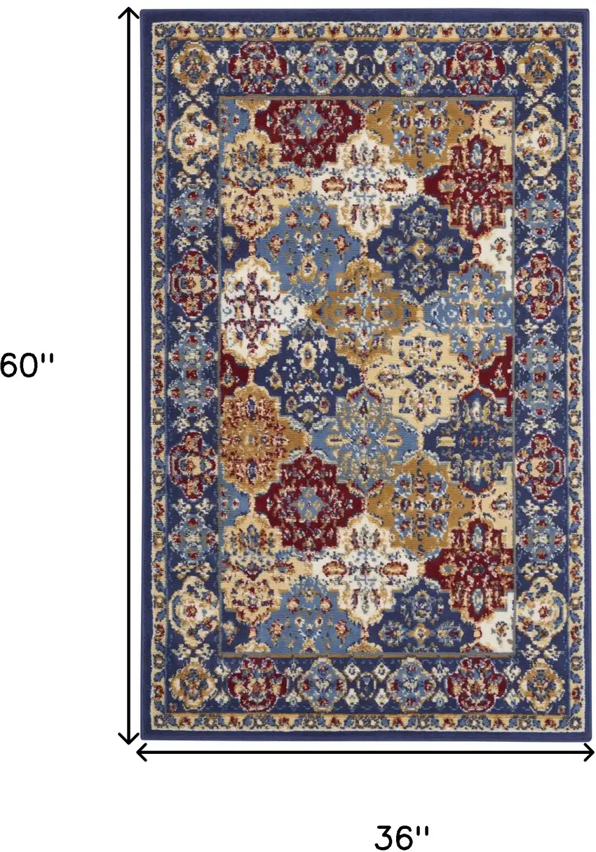Red Blue and Light Brown Ogee Distressed Non Skid Area Rug Photo 3