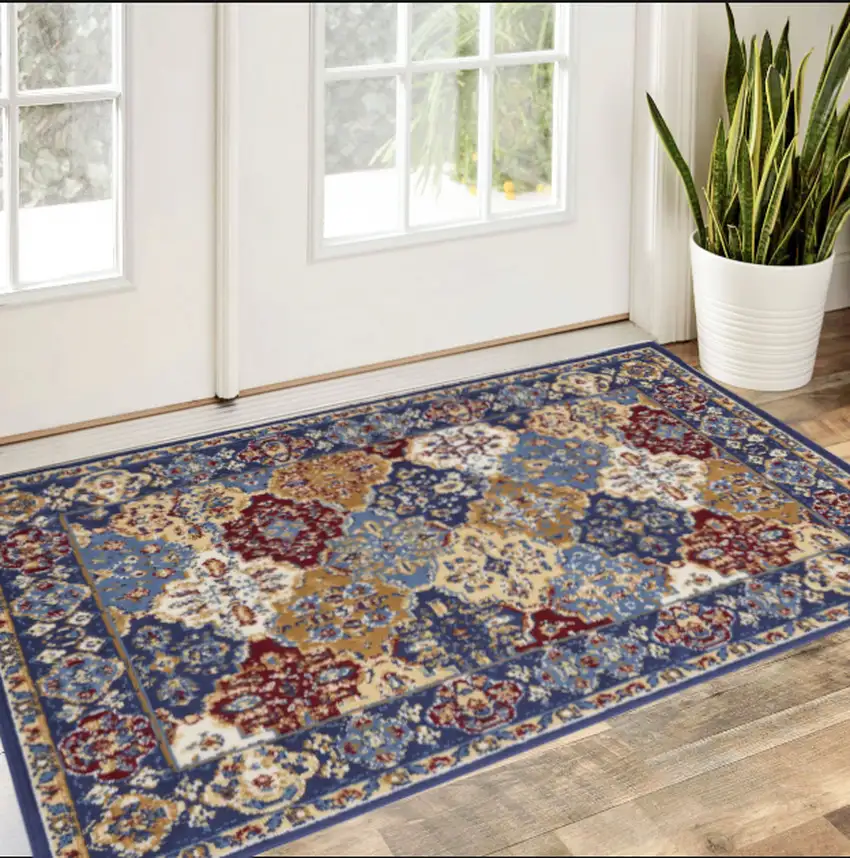 Red Blue and Light Brown Ogee Distressed Non Skid Area Rug Photo 1