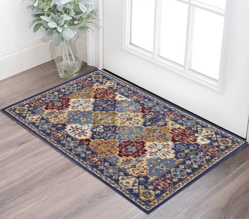 Red Blue and Light Brown Ogee Distressed Non Skid Area Rug Photo 1