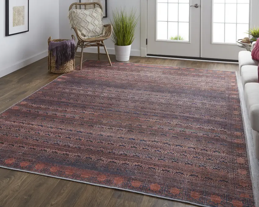 Red Brown And Blue Floral Power Loom Area Rug Photo 3