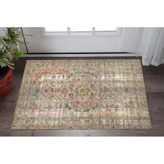 Red Brown And Blue Moroccan Printed Vinyl Area Rug With UV Protection Photo 1