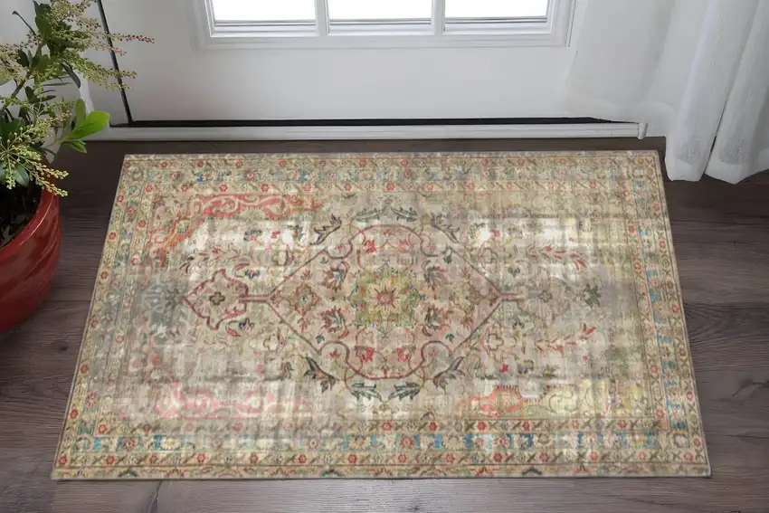 Red Brown And Blue Moroccan Printed Vinyl Area Rug With UV Protection Photo 1