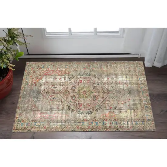 Red Brown And Blue Moroccan Printed Vinyl Area Rug With UV Protection Photo 1