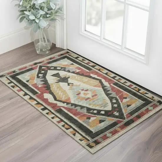 Red Charcoal And Gold Tribal Washable Area Rug With UV Protection Photo 2