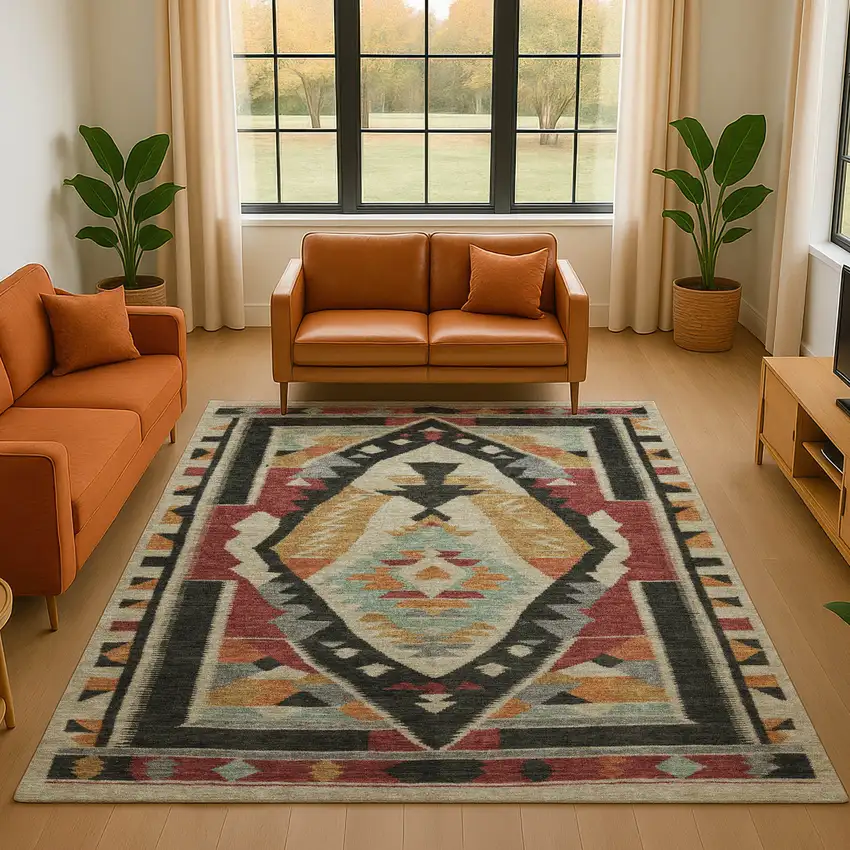 Red Charcoal And Gold Tribal Washable Area Rug With UV Protection Photo 5