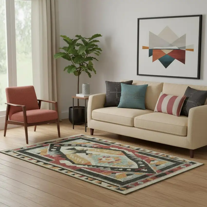 Red Charcoal And Gold Tribal Washable Area Rug With UV Protection Photo 2