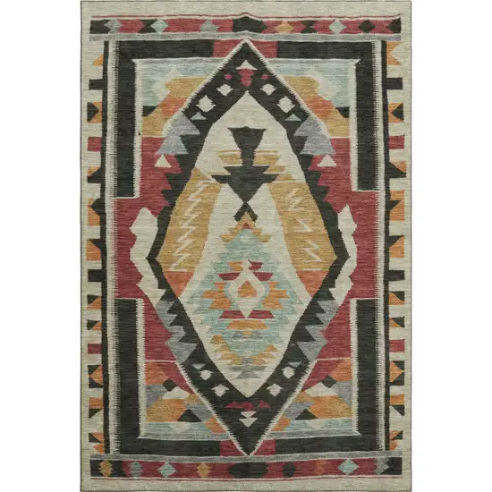 Red Charcoal And Gold Tribal Washable Area Rug With UV Protection Photo 1