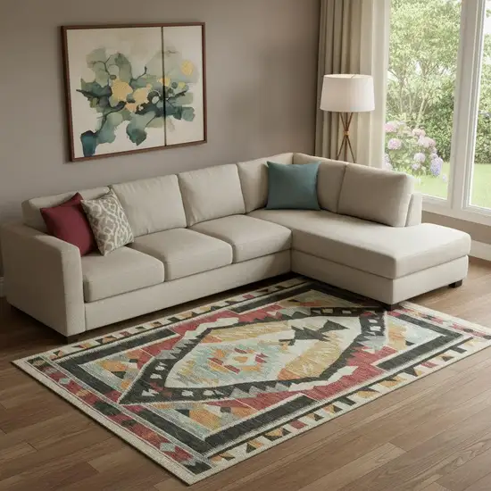 Red Charcoal And Gold Tribal Washable Area Rug With UV Protection Photo 2