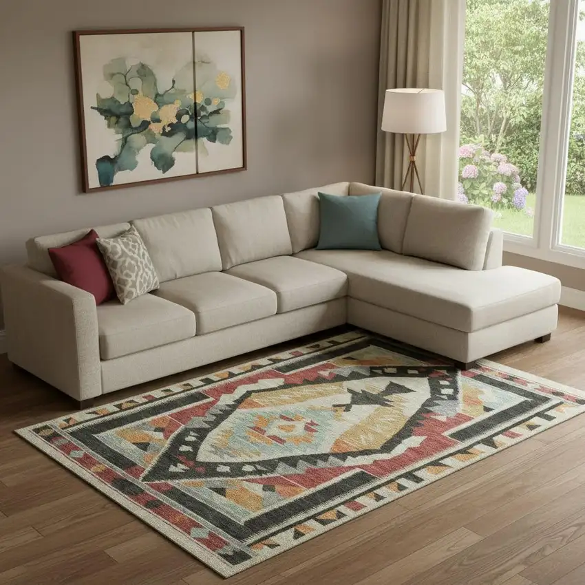 Red Charcoal And Gold Tribal Washable Area Rug With UV Protection Photo 2