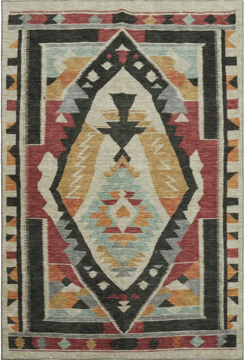 Red Charcoal And Gold Tribal Washable Area Rug With UV Protection Photo 1