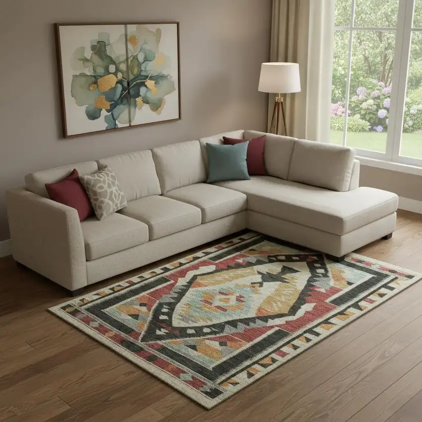 Red Charcoal And Gold Tribal Washable Area Rug With UV Protection Photo 2