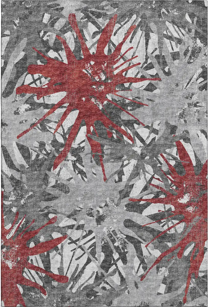 Red Charcoal And Gray Abstract Washable Area Rug With UV Protection Photo 2