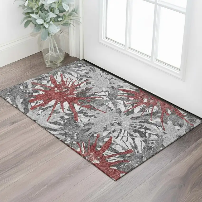 Red Charcoal And Gray Abstract Washable Area Rug With UV Protection Photo 1
