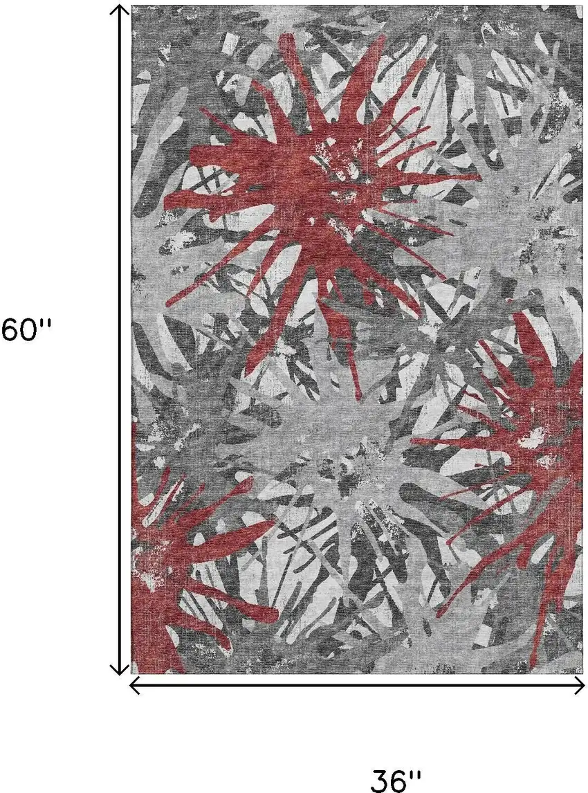 Red Charcoal And Gray Abstract Washable Area Rug With UV Protection Photo 3