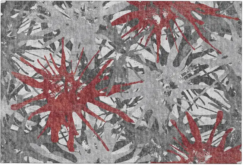 Red Charcoal And Gray Abstract Washable Area Rug With UV Protection Photo 2