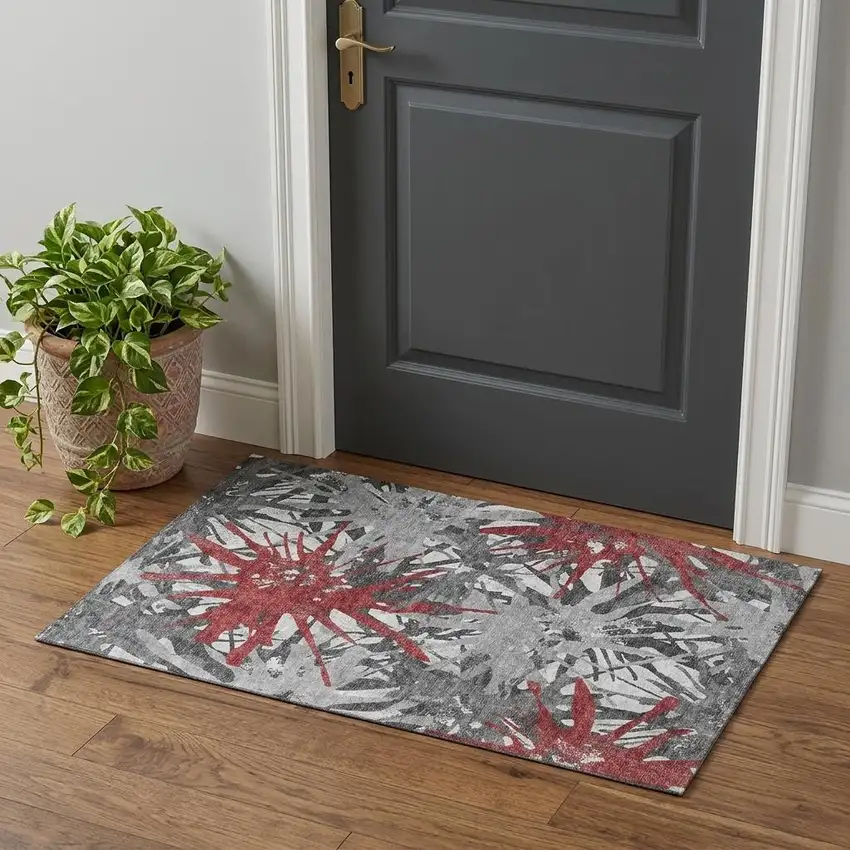 Red Charcoal And Gray Abstract Washable Area Rug With UV Protection Photo 1