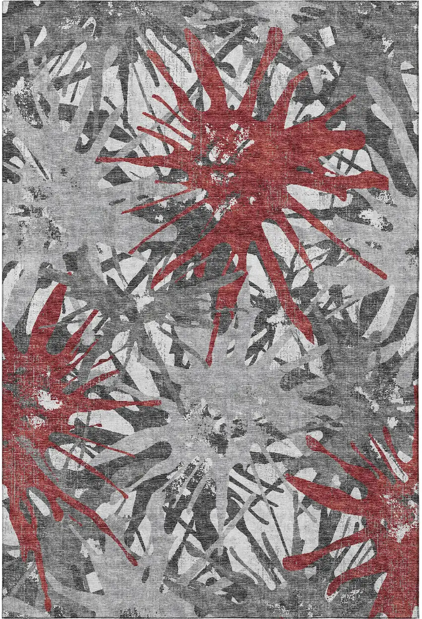 Red Charcoal And Gray Abstract Washable Area Rug With UV Protection Photo 5