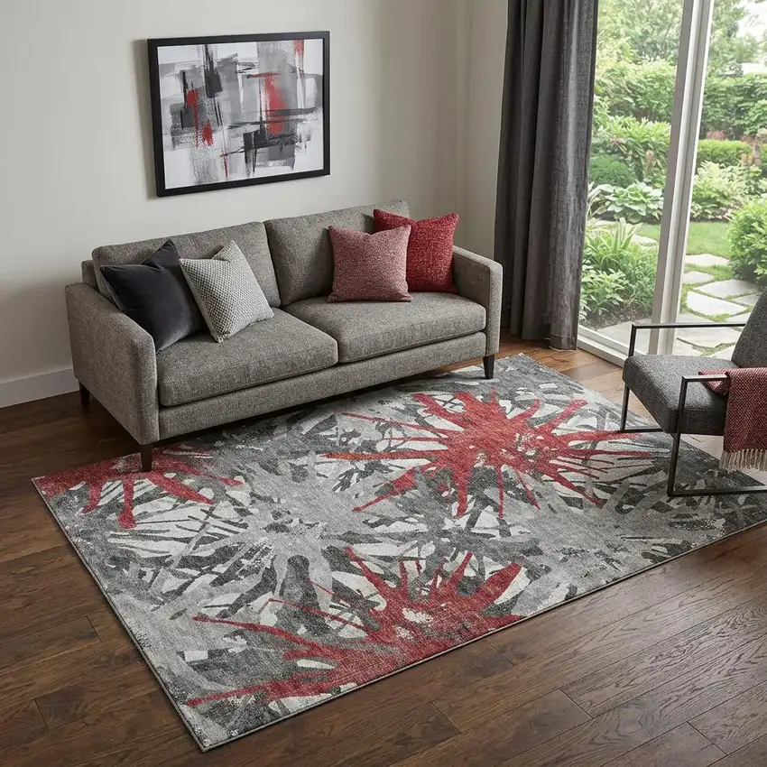Red Charcoal And Gray Abstract Washable Area Rug With UV Protection Photo 1