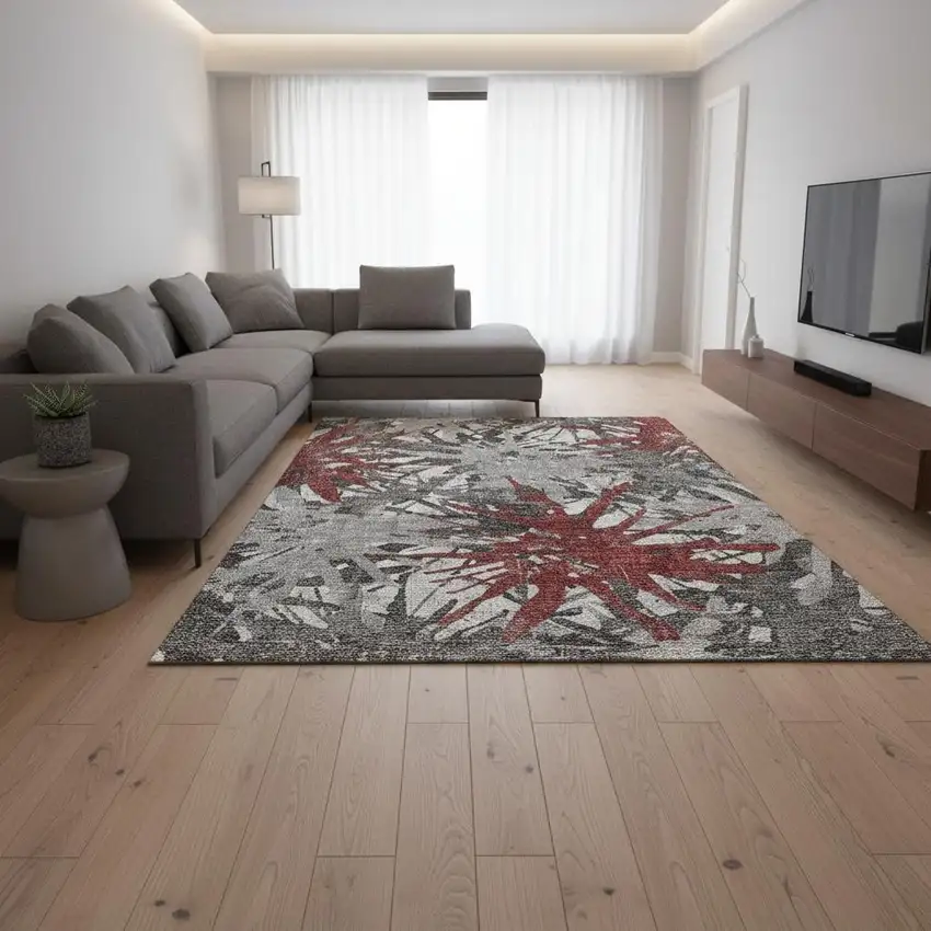 Red Charcoal And Gray Abstract Washable Area Rug With UV Protection Photo 1