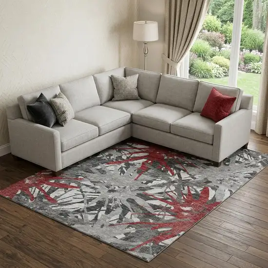Red Charcoal And Gray Abstract Washable Area Rug With UV Protection Photo 1