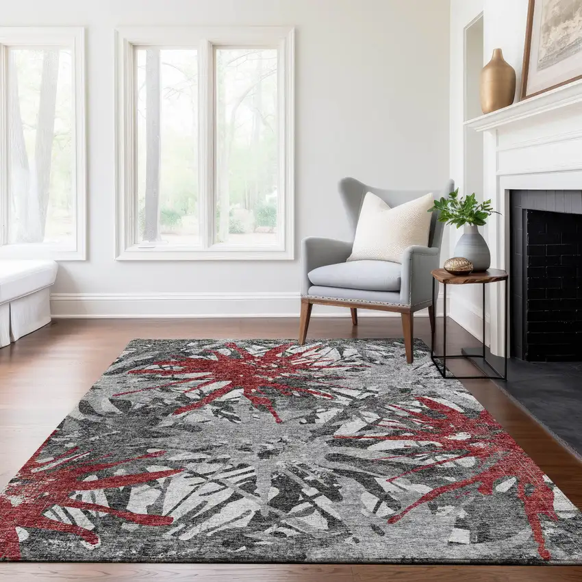 Red Charcoal And Gray Abstract Washable Area Rug With UV Protection Photo 7