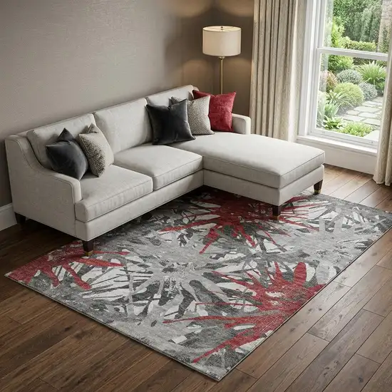 Red Charcoal And Gray Abstract Washable Area Rug With UV Protection Photo 1