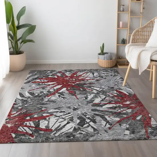 Red Charcoal And Gray Abstract Washable Area Rug With UV Protection Photo 6