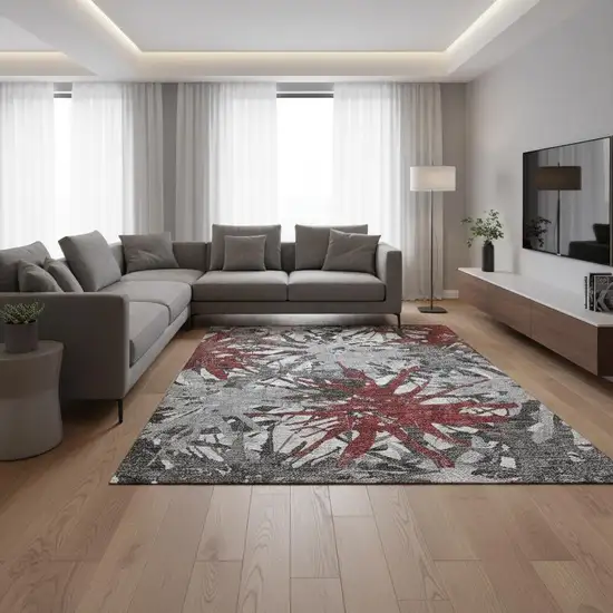 Red Charcoal And Gray Abstract Washable Area Rug With UV Protection Photo 1