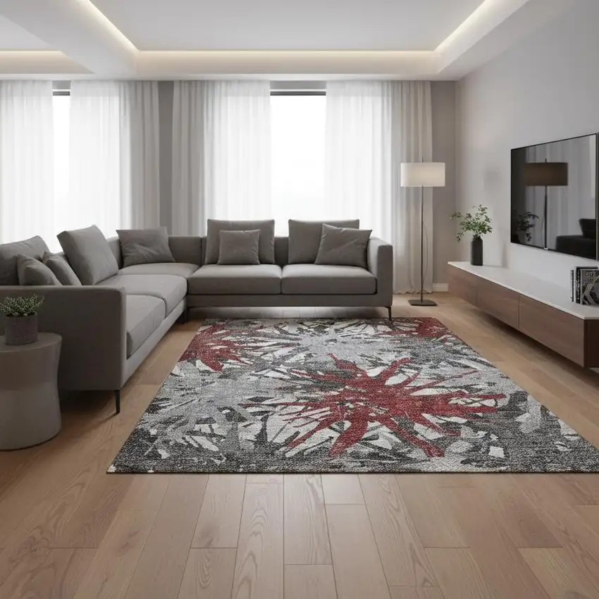 Red Charcoal And Gray Abstract Washable Area Rug With UV Protection Photo 1