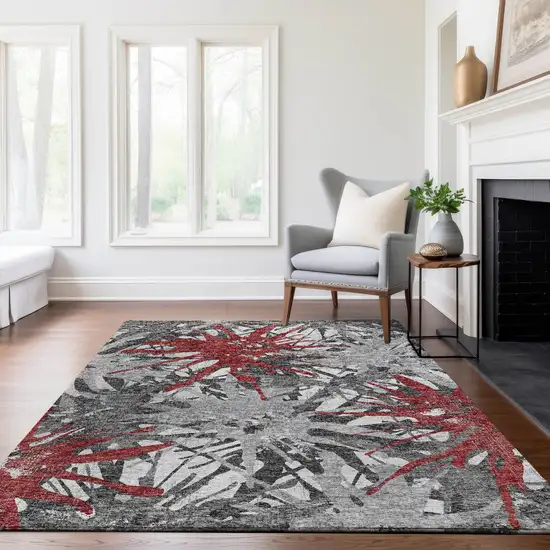 Red Charcoal And Gray Abstract Washable Area Rug With UV Protection Photo 6