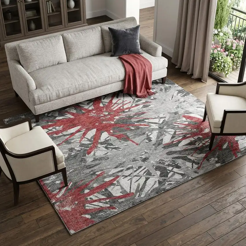 Red Charcoal And Gray Abstract Washable Area Rug With UV Protection Photo 1