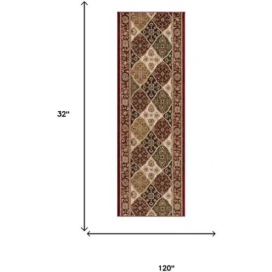 10' Red And Beige Oriental Runner Rug Photo 6