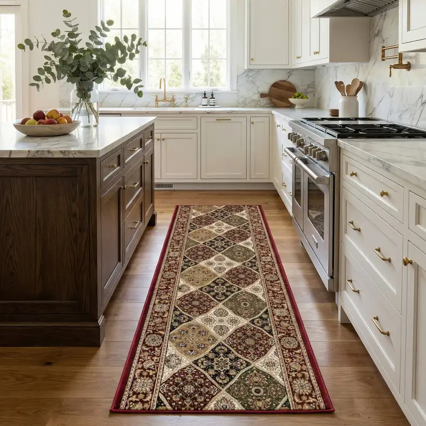 10' Red And Beige Oriental Runner Rug Photo 3