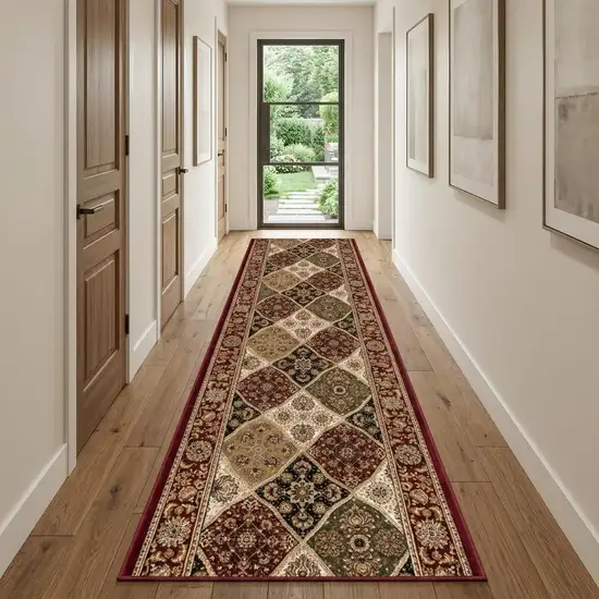 10' Red And Beige Oriental Runner Rug Photo 1