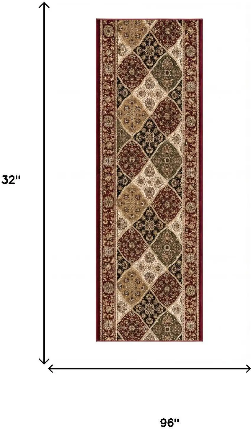 8' Red And Beige Oriental Runner Rug Photo 6