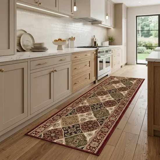 8' Red And Beige Oriental Runner Rug Photo 1