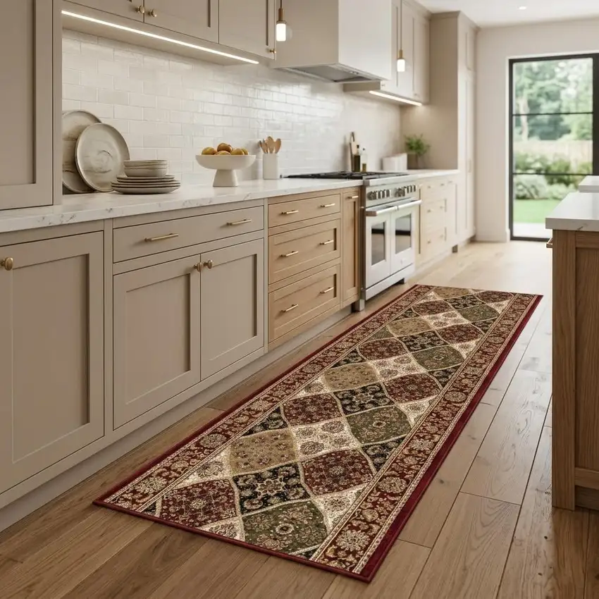 8' Red And Beige Oriental Runner Rug Photo 1