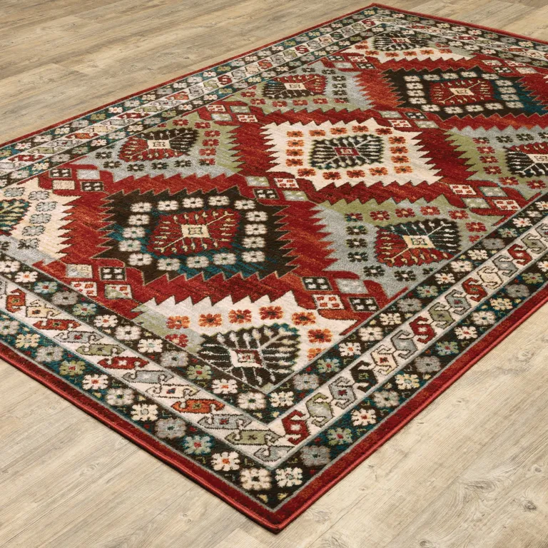 Red Deep Teal Ivory Grey And Green Southwestern Power Loom Stain Resistant Area Rug Photo 5