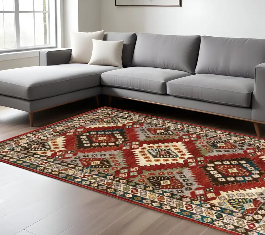 Red Gray And Ivory Southwestern Distressed Area Rug Photo 1