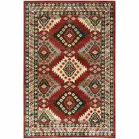 Photo of Red Deep Teal Ivory Grey And Green Southwestern Power Loom Stain Resistant Area Rug