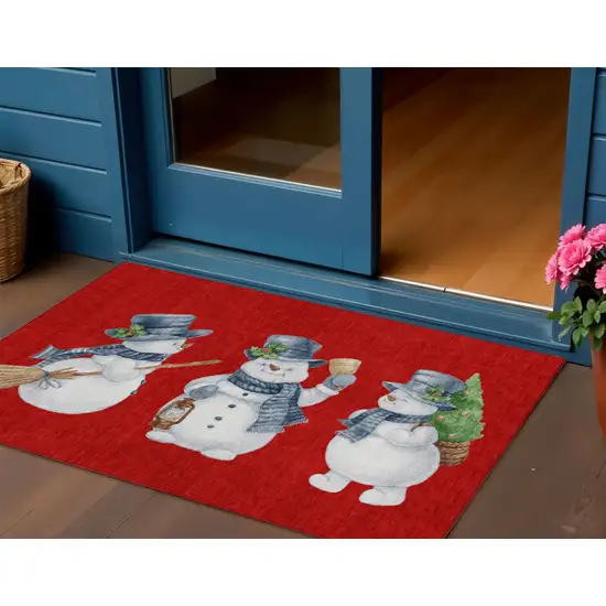 Red Denim Blue And Ivory Botanical Leaves Washable Indoor Outdoor Area Rug Photo 2