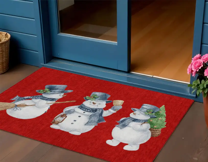 Red Denim Blue And Ivory Botanical Leaves Washable Indoor Outdoor Area Rug Photo 2