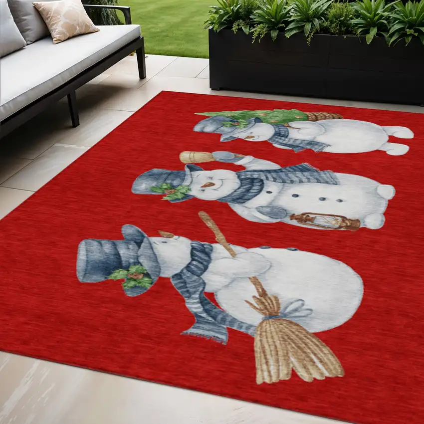Red Denim Blue And Ivory Snowmen Washable Indoor Outdoor Area Rug Photo 1