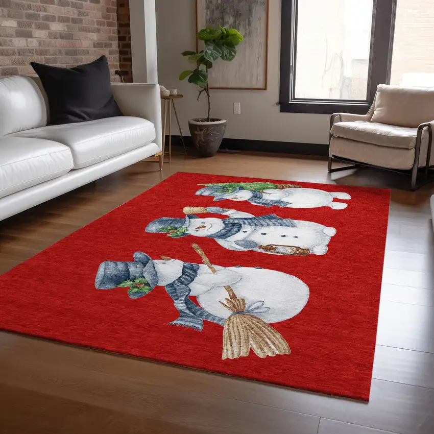 Red Denim Blue And Ivory Snowmen Washable Indoor Outdoor Area Rug Photo 6