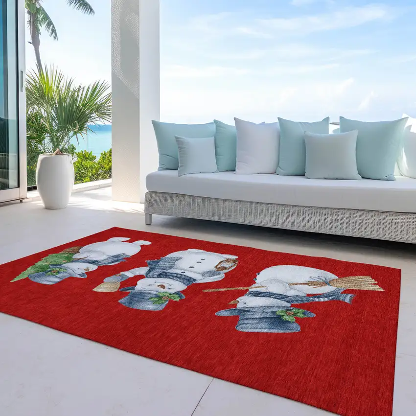 Red Denim Blue And Ivory Snowmen Washable Indoor Outdoor Area Rug Photo 5