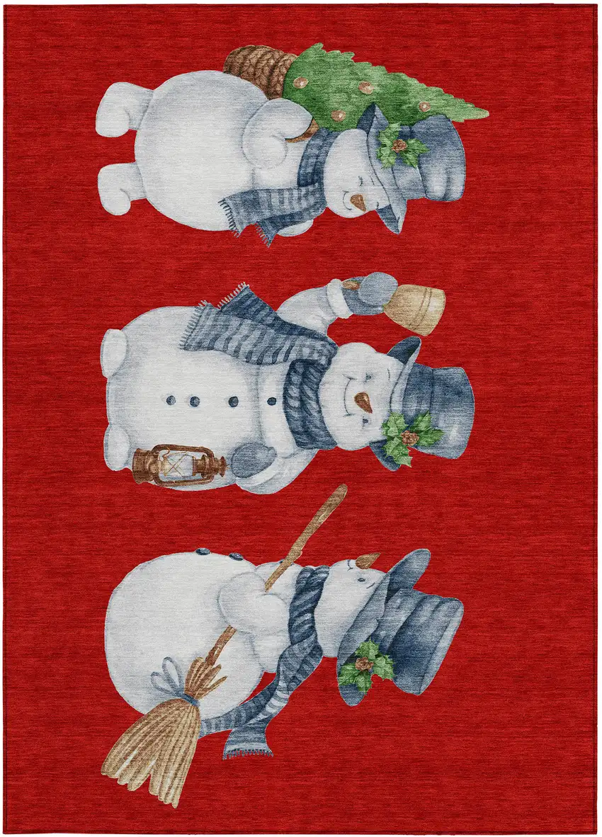 Red Denim Blue And Ivory Snowmen Washable Indoor Outdoor Area Rug Photo 3