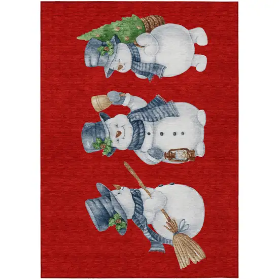 Red Denim Blue And Ivory Snowmen Washable Indoor Outdoor Area Rug Photo 2